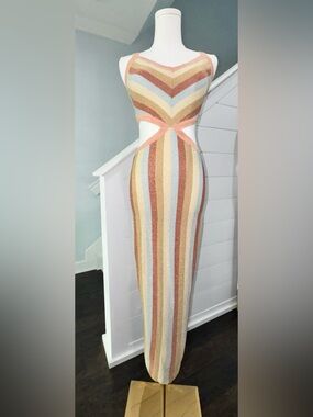NWOT🔖 Altar’d State Stripe Cutout Knit Maxi Dress Size S Boho Shimmer Bodycon